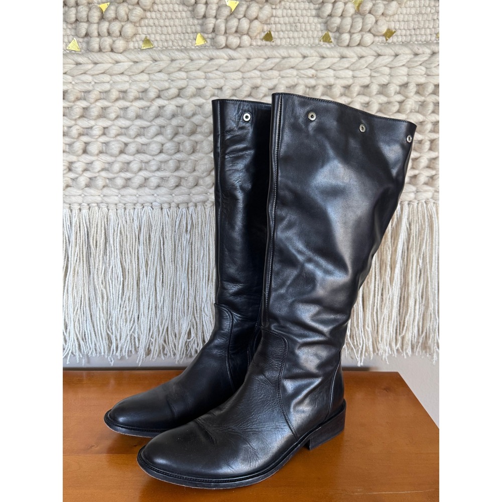 Marina Rinaldi Black Leather Silver Stud Inner Zip Knee High Riding Boot Size 9
